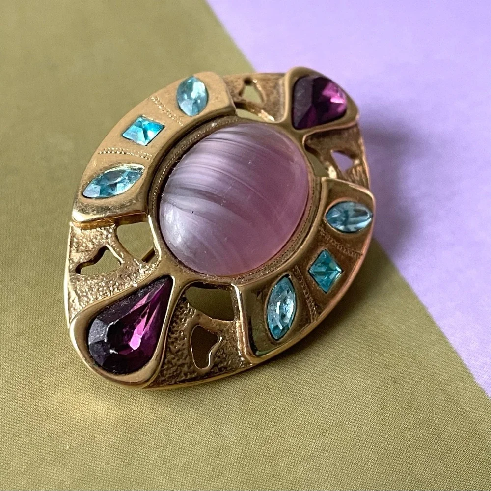 Vintage Gold-tone Brooch with Pink Center and Blue & Purple Accents